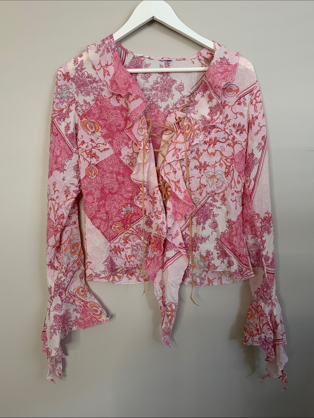 Beautiful Pink Floral Ruffle Tie-Front Blouse